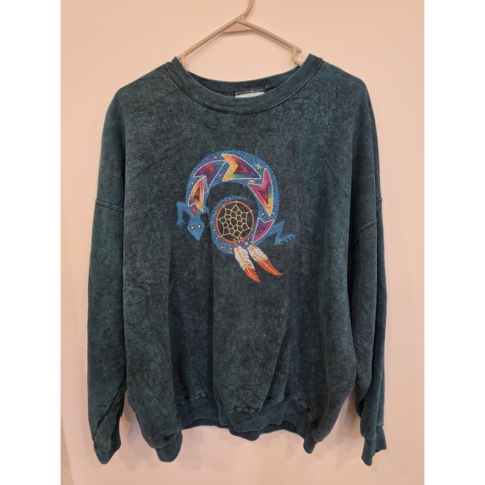 Vtg Sweatshirt Blue Green Acid Stone Washed Southwestern Aztec Sz XXL